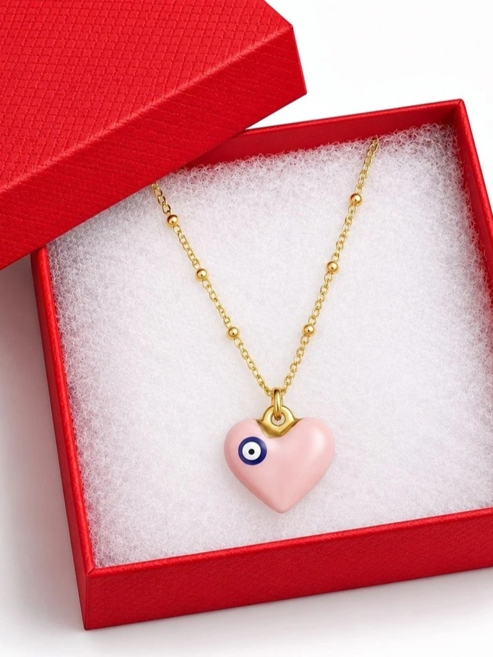 Pink Heart Evil Eye Pendant Necklace